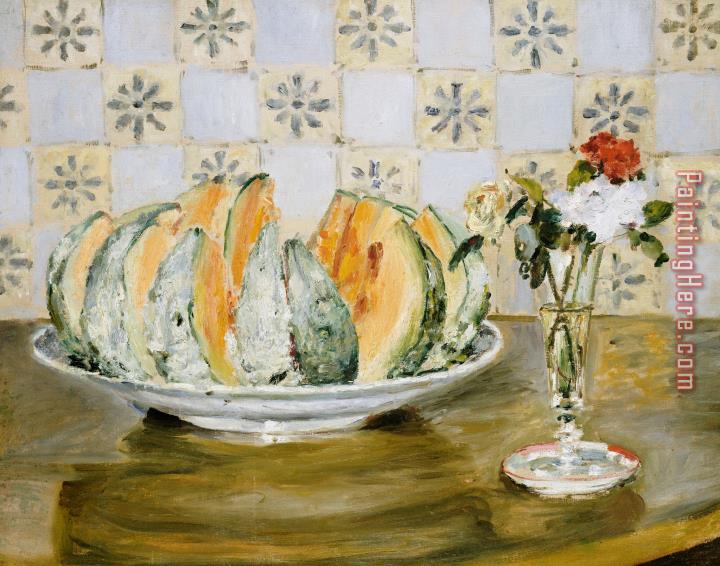 Pierre Auguste Renoir Still Life Of A Melon And A Vase Of Flowers